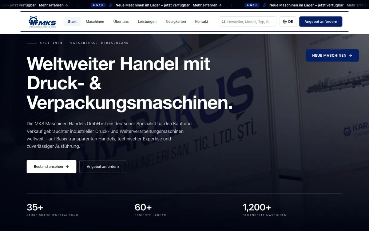 Startseite von MKS Maschinen Handels GmbH